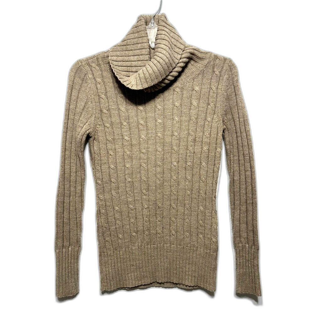 Cable Knit Sweater Turtleneck Tan Cabin Fisherman Academia Preppy Women sz XS
